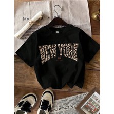 CC Collection Kız Çocuk Leopar Newyork Baskılı Nefes Alan T-Shirt