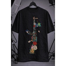 CC Collection Unisex Oversize Harf Baskılı Siyah Tişört Sanatsal Street Style