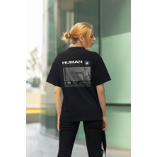 CC Collection Kadın Oversize Baskılı Siyah Tişört – Human Sırt Baskılı, Günlük & Sokak Stili