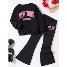 CC Collection Kız Çocuk Siyah New York Baskılı Ikili Takım – Sweatshirt & Ispanyol Paça Eşofman Altı