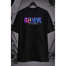 CC Collection Unisex Oversize Believe In Yourself Baskılı Siyah T-Shirt
