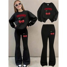 CC Collection Kız Çocuk Siyah Cherry Baskılı Ikili Takım – Sweatshirt & Ispanyol Paça Alt