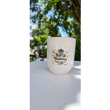 Pitaya Sanat El Yapımı Seramik Doğum Günü Kupası 240 ml - 24K Altın Yaldızlı ve 3D Balonlu