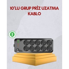 Eldenör 10 Prizli Uzatma Kablosu Termal Koruma USB Type-C Hızlı Şarj 2500W