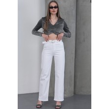 Budan Export Kadın Kemerli Yüksek Bel Wide Leg Vintage Kot Pantolon