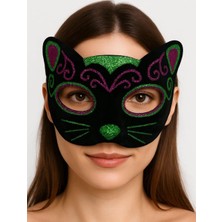 Mestore Siyah Kadife Kaplama Üzeri Pembe Yeşil Sim Işlemeli Kedi Maskesi 20X13 cm