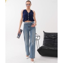 Budan Export Kadın Kemerli Yüksek Bel Wide Leg Vintage Kot Pantolon