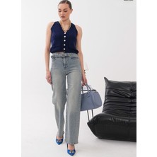 Budan Export Kadın Kemerli Yüksek Bel Wide Leg Vintage Kot Pantolon