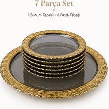 7 Parça Füme Cam Pasta Tabağı Sunum Tepsisi Gold Desenli Takım Sudedi Home
