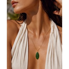 Solare Accessories Yeşil Mine Yaprak Uçlu Çelik Kolye (Altın Kaplama Zincir)