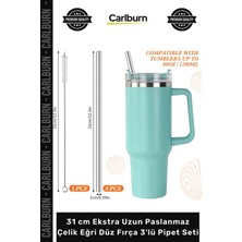 Carlburn #pipetseti Termos Bardak Ekolojik 31 cm Ekstra Uzun Paslanmaz Çelik Eğri Düz Fırça 3'lü Pipet Seti