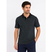 Uslucan Alışveriş Erkek Pike Kumaş Çizgili Polo Yaka Tişört Kısa Kol Yazlık T-Shirt - Siyah