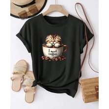 Nigrum Pardus Nıgrum Pardus Yeni Sezon I Need Coffee Baskılı %100 Pamuk Büyük Beden Kadın T-Shirt