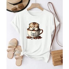 Nigrum Pardus Nıgrum Pardus Yeni Sezon I Need Coffee Baskılı %100 Pamuk Büyük Beden Kadın T-Shirt