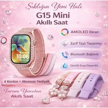Azurtech G15 Mini Akıllı Saat Amoled Ekranlı, Taşlı Şık Tasarım, 4 Kordon ve Aksesuar Hediyeli