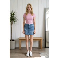 Hies Mavi Denim Cepli Yırtmaçsız Yüksek Bel Yırtık Detaylı Likralı Kısa Kot Etek - 38 cm ( Mavi Lazer )