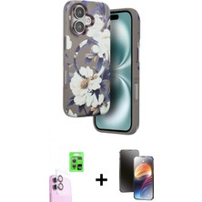 Marsilyan™- iPhone 16 Kılıf Siluet Doku - Siyah 3D Antistatik Mat Seramik Nano Ekran Koruyucu + Raze Metal Kamera Lens - Pe