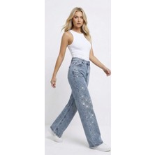 Blue Da Kadın Taşlı Kot Pantolon Yüksek Bel Bolpaça