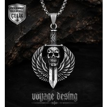 Voyage Accessory Paslanmaz Çelik Box Zincirli Gotik Tarz Darts Wings Kurukafa Kolye