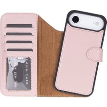 Sinerjim iPhone 17 Air Için, Hakiki Deri, El Yapımı Cüzdanlı Kılıf, Magsafe ile Uyumlu, Iç Yüzeyi Kadife, Pembe