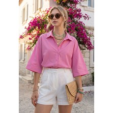 Bacc Pembe Sırt Pile Detaylı Poplin %100 Pamuk Oversize Gömlek