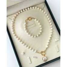 Eyla Collection Özel Hediye Kutulu Doğal İnci Kolye Bileklik Seti (Altın Takılabilir) 60 cm
