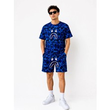 Tarz Yeri Tarzyeri Erkek Oversize Kalıp Pubg Bape x Shark Nakışlı Cepli Şort Takım - Mavi - 2 Iplik Mevsimlik