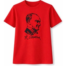 Tarz Yeri Tarzyeri Kız Çocuk Atatürk Baskılı Tişört Kısa Kollu Bisiklet Yaka T-Shirt - Kırmızı - Penye Çocuk V