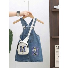 Nota Kids Baskılı Mavi-Mor Denim Kız Çocuk Jile Elbise ve Çanta Takımı
