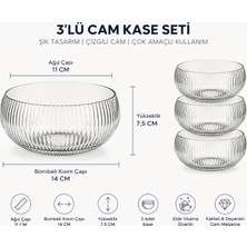 Aşkana 3’lü Cam Kase Seti, 14 Cm, Çizgili Dekoratif Cam Kase, Meyvelik, Çerezlik, Salata Kasesi, Sunumluk Ev Tipi Kullanım
