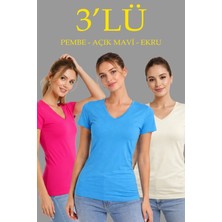 Tarz Yeri Tarzyeri Kadın V Yaka Tişört Kısa Kol Slim Fit T-Shirt 3'lü Set Pembe-Açık Mavi-Ekru - 36/1 Penye Co