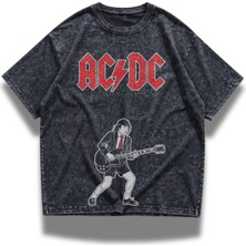Fuddy Moda Unisex Oversize Ac-Dc Guitarist Baskılı Yıkamalı Rock Band Temalı Vintage T-Shirt
