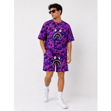 Tarz Yeri Tarzyeri Erkek Oversize Kalıp Pubg Bape x Shark Nakışlı Cepli Şort Takım - Mor - 2 Iplik Mevsimlik O