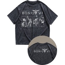Fuddy Moda Unisex Bon Jovi The Circle Tour Ense Baskılı Yıkamalı Tişört, Oversize Rock Band Retro T-Shirt