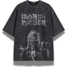 Fuddy Moda Unisex Tasarım Iron Maiden Baskılı Yıkamalı Tişört, Oversize Rock Band Temalı Retro T-Shirt