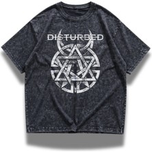 Fuddy Moda Unisex Disturbed Baskılı Yıkamalı Tişört, Oversize Hard Rock Band Temalı Vintage T-Shirt