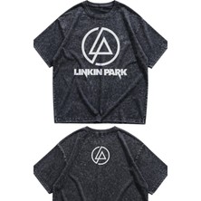 Fuddy Moda Unisex Linkin Park Ense Baskılı Yıkamalı Tişört, Oversize Rock Band Temalı Vintage Tshirt