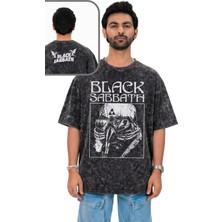 Fuddy Moda Unisex Black Sabbath Ense Yazılı Yıkamalı T-Shirt, Oversize Rock Band Temalı Vintage Tişört