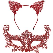 Enco Store Romantik Kırmızı Dantel Maske Seti – Kedi Kulaklı Taç ve Maske 3 No