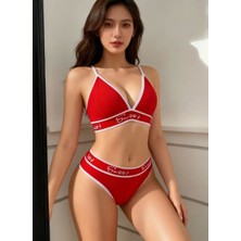 Kadın Kırmızı Love Yazılı Mayo Bikini Şık Esnek Kumaş Plaj Giyim Özel Tasarım Mery Woman