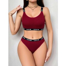 Bemy Store Kadın Bordo Love Yazılı Mayo Bikini Şık Esnek Kumaş Plaj Giyim Özel Tasarım