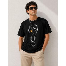 Beruflic Erkek Kuğu Figürlü Soru Işareti Baskılı Tişört Kısa Kol T-Shirt - Siyah