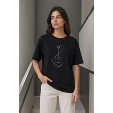 Minimal Gitar Baskılı Tişört T-Shirt Yazlık Kısa Kol Bisiklet Yaka T-Shirt - Siyah