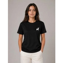 Minimal Geyik Logolu Tişört Bisiklet Yaka Kısa Kol Yazlık T-Shirt - Siyah