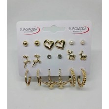 twingold Geyik Kuş Detaylı 9'lu Gold Renk Küpe Seti