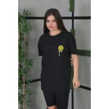Unisex Bisiklet Yaka Baskılı Oversize T-Shirt - Siyah