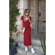 Sun & North Sun&north Kadın Kısa Kollu V Yakalı Yandan Şerit ve Yırtmaçlı Viskon Uzun Elbise