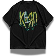 Fuddy Moda Unisex Korn Yazılı Bisiklet Yaka Tişört, Oversize Rock Metal Band Temalı Tshirt