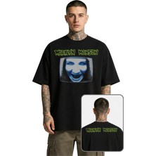 Fuddy Moda Unisex Marilyn Manson Ense Baskılı Bisiklet Yaka Tişört, Oversize Rock Band Temalı Tshirt
