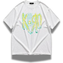 Fuddy Moda Unisex Korn Yazılı Bisiklet Yaka Tişört, Oversize Rock Metal Band Temalı Tshirt